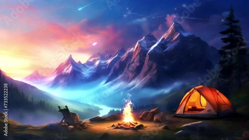 Camping in the mountains with campfire at sunset 3d rendering illustration photo