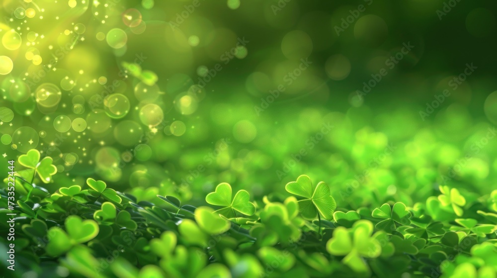 St. Patrick's Day abstract green background decorated with shamrock leaves. Generative AI.