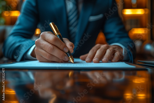 A determined entrepreneur signing a contract, marking the realization of business expansion plans. Concept of business development and growth. Generative Ai.
