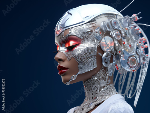 Futuristic Female Robot With Red make up, Against a Dark Blue Background. Copy space.
