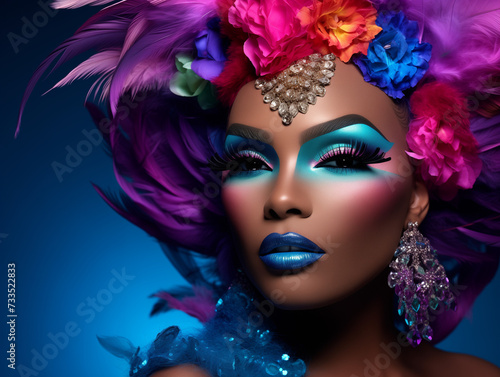 Vibrant Portrait of a Model With Exotic Makeup and Colorful Feathers Against a Blue Background, Neon colors