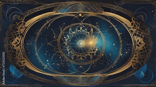 fractal background with ornament A seed of life poster with a gold and abstract style. The poster has a dark blue background  