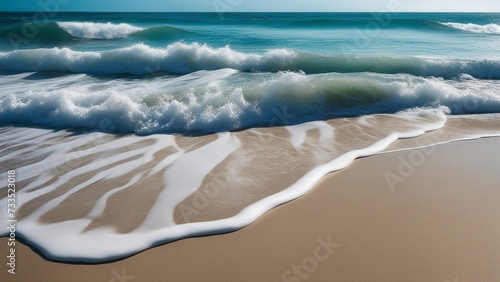 waves on the beach A beautiful sandy beach and soft blue ocean wave that looks realistic and detailed, 