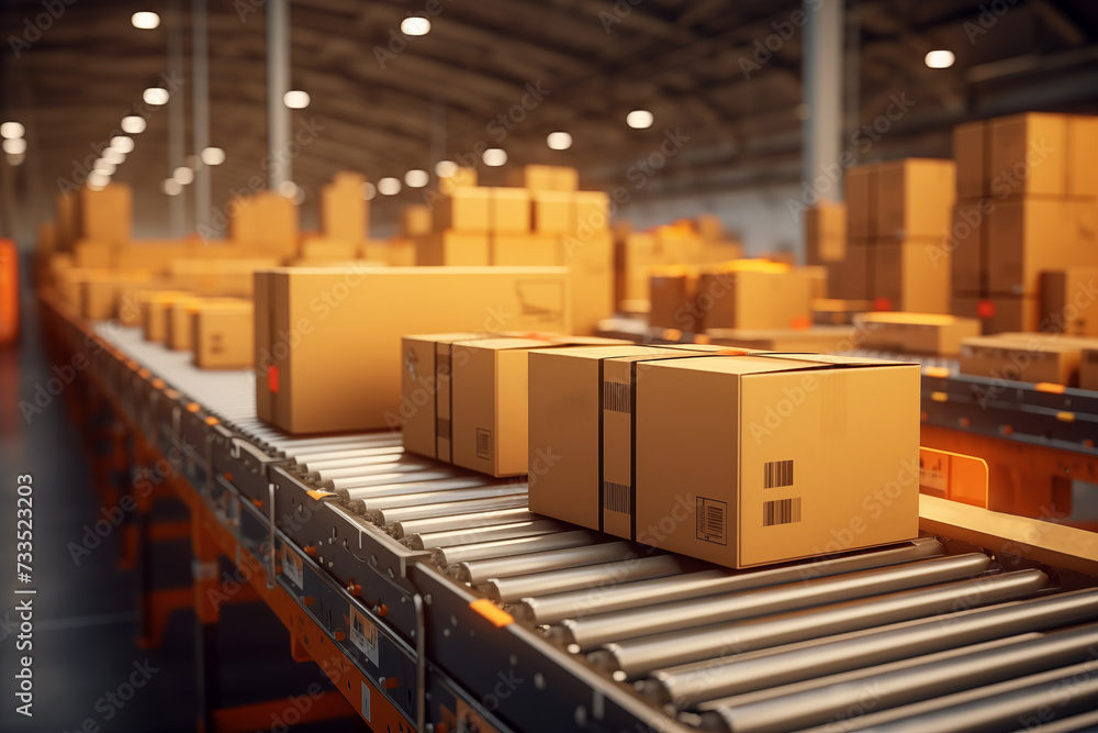 Boxes on conveyor belt ready for shipping in warehouse. Boxes on conveyor belt ready for shipping in warehouse.
