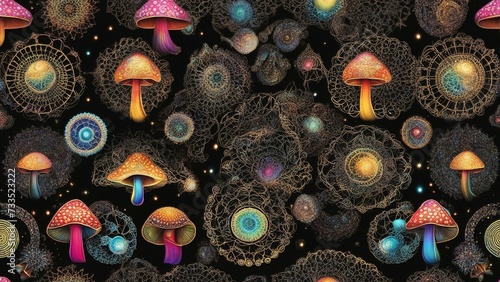 colorful shroom _A colorful psychedelic pattern with magic mushrooms over sacred geometry on a black background 