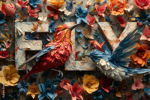 An assemblage of colorful origami birds shaping the word "FLY" in a whimsical display. Concept of freedom and imagination. Generative Ai.
