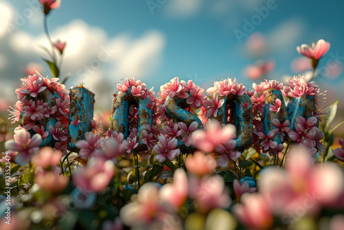 A collection of aromatic flowers forming the word "BLOSSOM" in a blooming garden. Concept of growth and floral beauty. Generative Ai.
