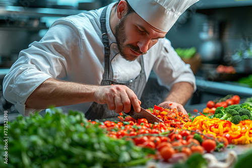 A focused chef skillfully chopping fresh vegetables in a bustling restaurant kitchen. Concept of culinary expertise and gastronomy. Generative Ai.