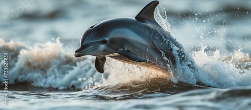 Spectacular Dolphin's Jump in Seashore: Nature Encounters with Majestic Dolphins photo