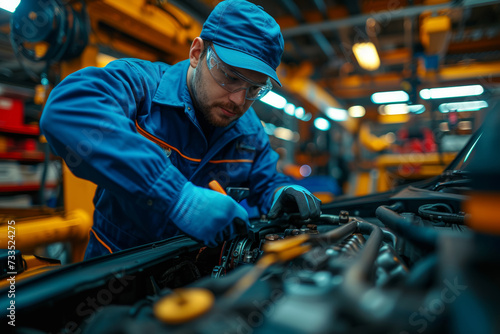 A skilled mechanic repairing a car engine in an auto repair shop, ensuring optimal vehicle performance. Concept of automotive maintenance and repair. Generative Ai.