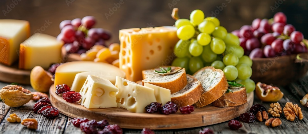 Rustic table with holiday food: sliced Dutch cheese, sour grapes, raisins.