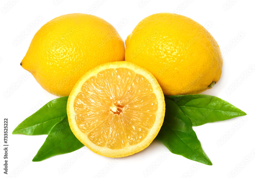 Collection lemon whole and slice with leaves isolated on white background Collection lemon whole and slice with leaves isolated on white background