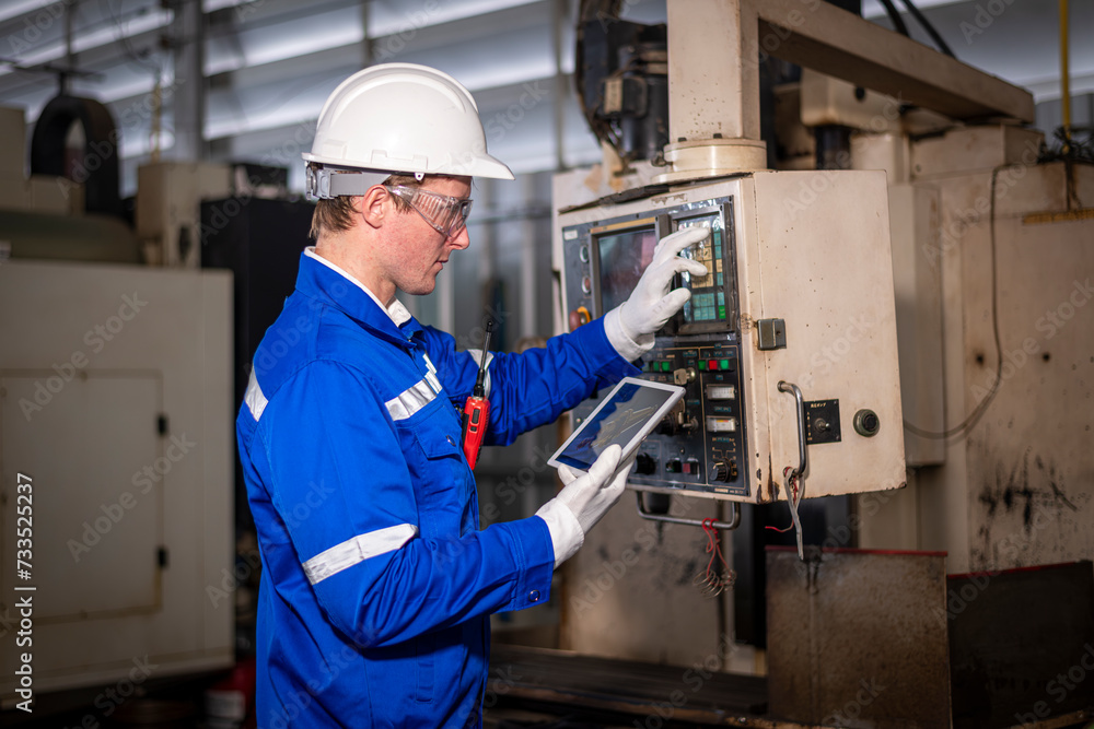 Industry engineer worker wearing safety uniform control operating computer controlled Lathe grinding machine working in industry factory is metal manufacturing industry concept. Industry engineer worker wearing safety uniform control operating computer controlled Lathe grinding machine working in industry factory is metal manufacturing industry concept.