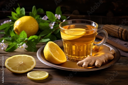 Cozy tea with lemon and honey on a wooden tray