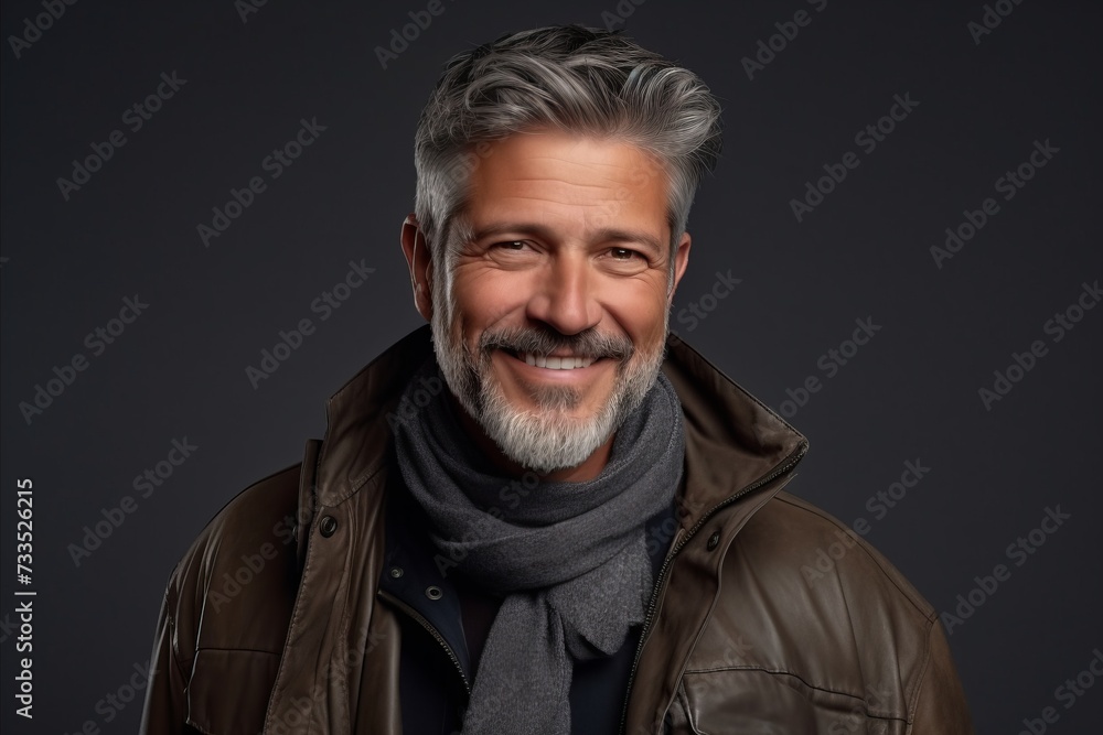 Portrait of a handsome middle-aged man in a leather jacket and gray scarf.