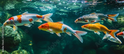 Vibrant Carp Fish in Colorful Water: A Display of Colorful Carp Fish Swimming Gracefully in the Crystal Clear Waters © TheWaterMeloonProjec