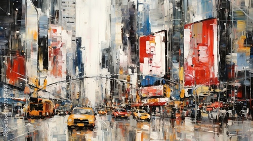 An abstract, vibrant cityscape painting with expressive brushstrokes and a bustling urban atmosphere © horace