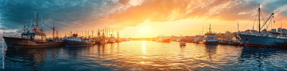 Panoramic view of a bustling harbor,  with ships and boats against a vibrant sunset