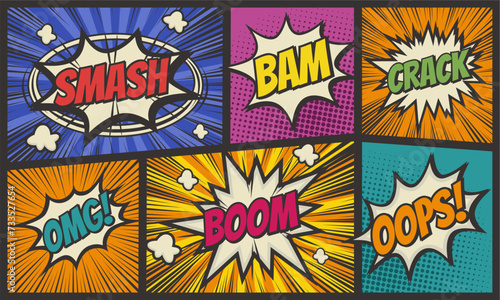 Comic cartoon scene background with speech bubble collection expression set