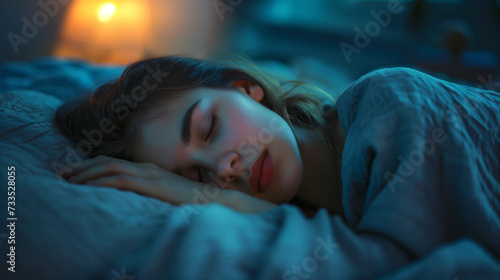 Woman asleep in bed with her head resting on a pillow, the room is dimly lit with soft blue tones, a peaceful night's atmosphere conducive to rest