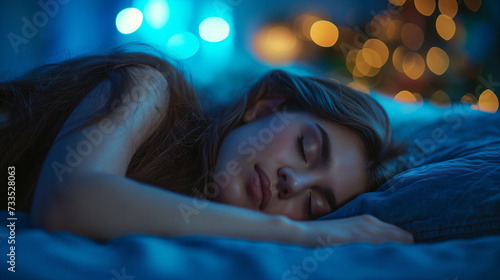 Woman asleep in bed with her head resting on a pillow, the room is dimly lit with soft blue tones, a peaceful night's atmosphere conducive to rest