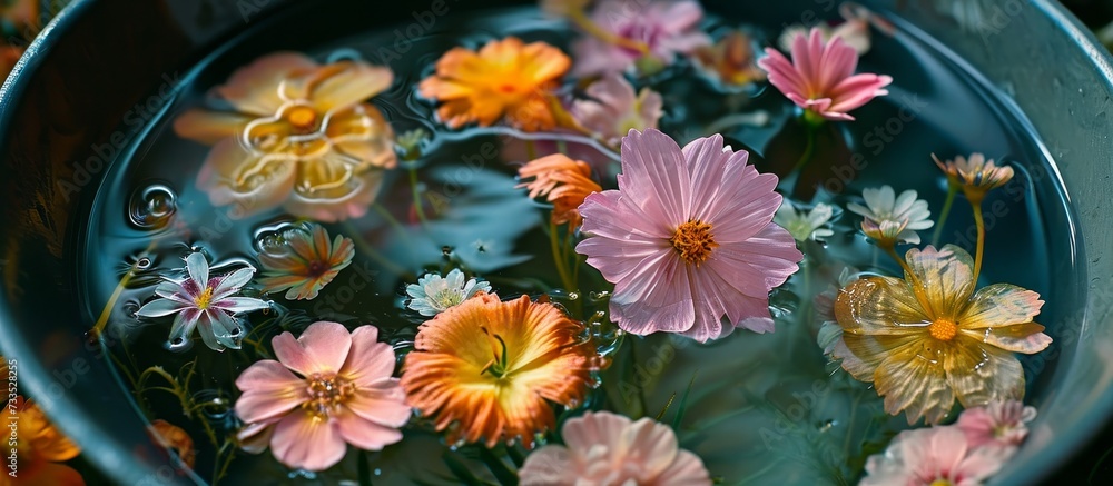 Houseplant flowers gracefully float in a bowl of water, showcasing the beauty of terrestrial plants and their delicate petals in an artistic display. Houseplant flowers gracefully float in a bowl of water, showcasing the beauty of terrestrial plants and their delicate petals in an artistic display.