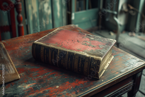 Antique old books on old wooden table. fantasy medieval period and religious concept