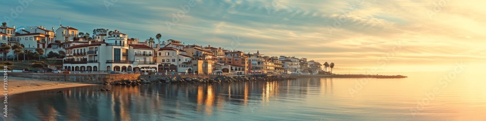 Coastal town at sunrise,  with soft light illuminating the buildings along the shoreline
