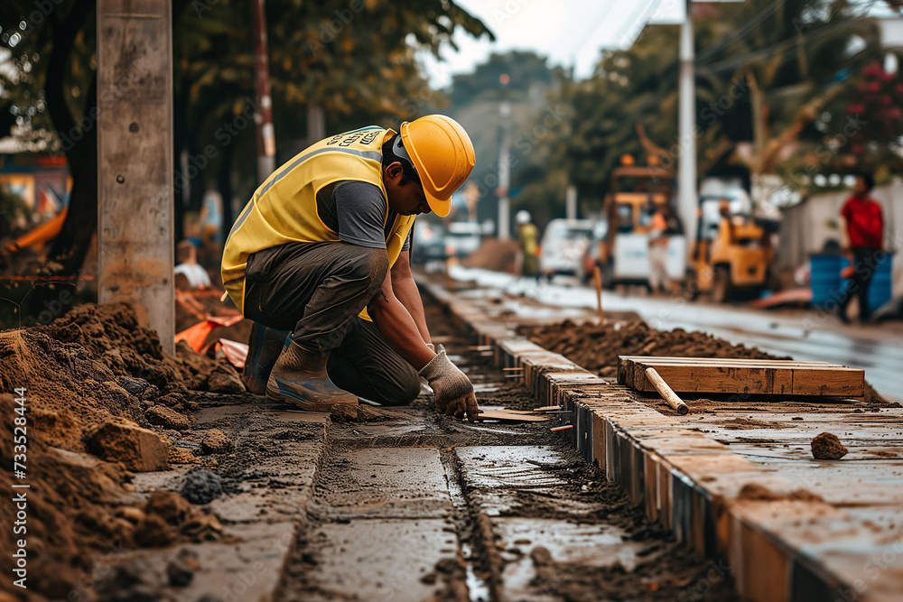 Construction worker performing tasks. Concept of labor day, labor relations, trades. Construction worker performing tasks. Concept of labor day, labor relations, trades.