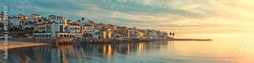 Coastal town at sunrise, with soft light illuminating the buildings along the shoreline