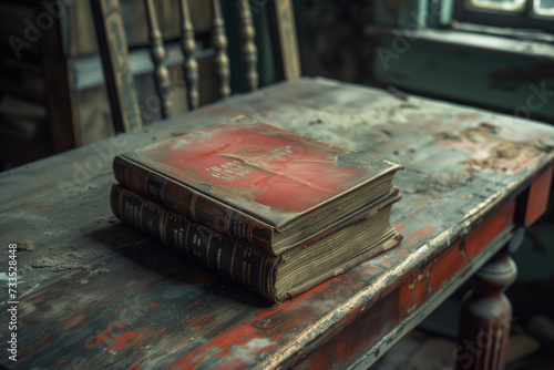 Antique old books on old wooden table. fantasy medieval period and religious concept