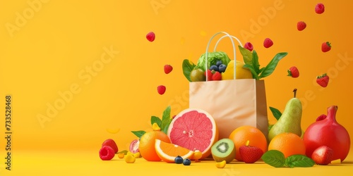 Bright fruits and vegetables in shopping bag on orange background.