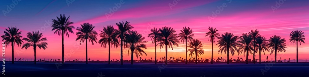 Desert oasis at twilight,  with palm trees silhouetted against a colorful evening sky