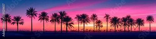 Desert oasis at twilight, with palm trees silhouetted against a colorful evening sky