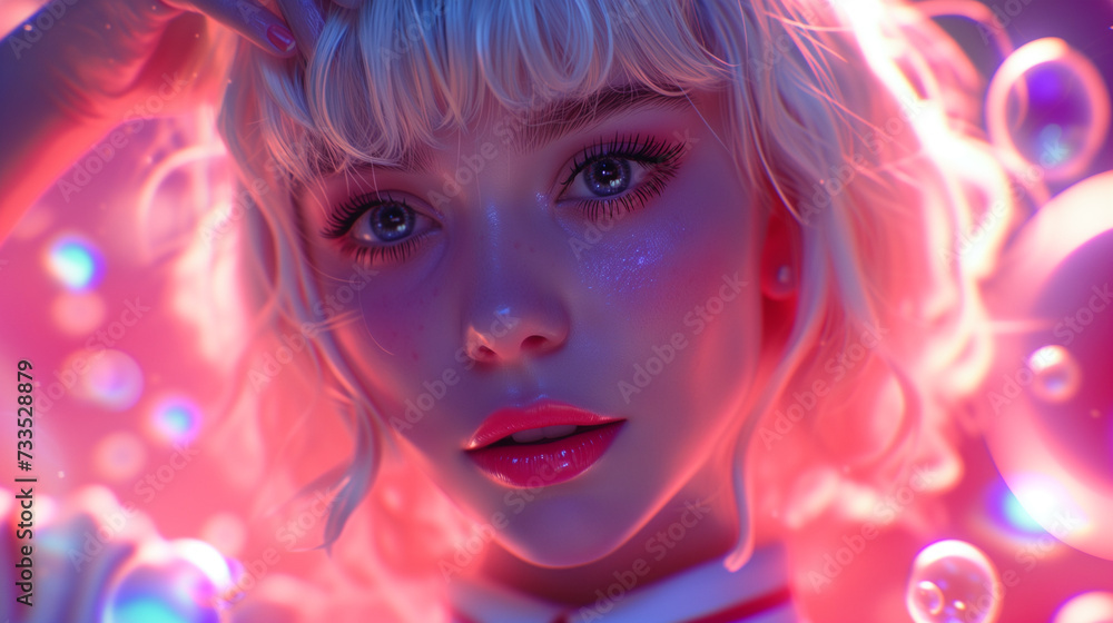 Digital artwork featuring a close-up of a blonde teenager with vibrant pink lipstick and mascara, encircled by radiant lights and drifting bubbles