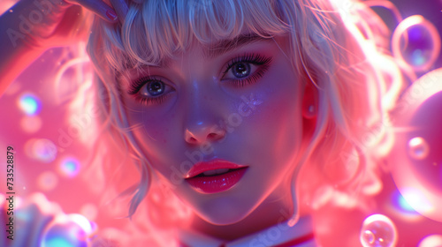 Digital artwork featuring a close-up of a blonde teenager with vibrant pink lipstick and mascara  encircled by radiant lights and drifting bubbles