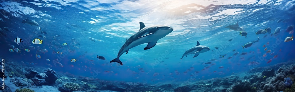 Fototapeta premium Panoramic dolphins swimming underwater life