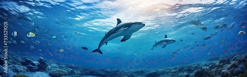 Panoramic dolphins swimming underwater life © Hanasta