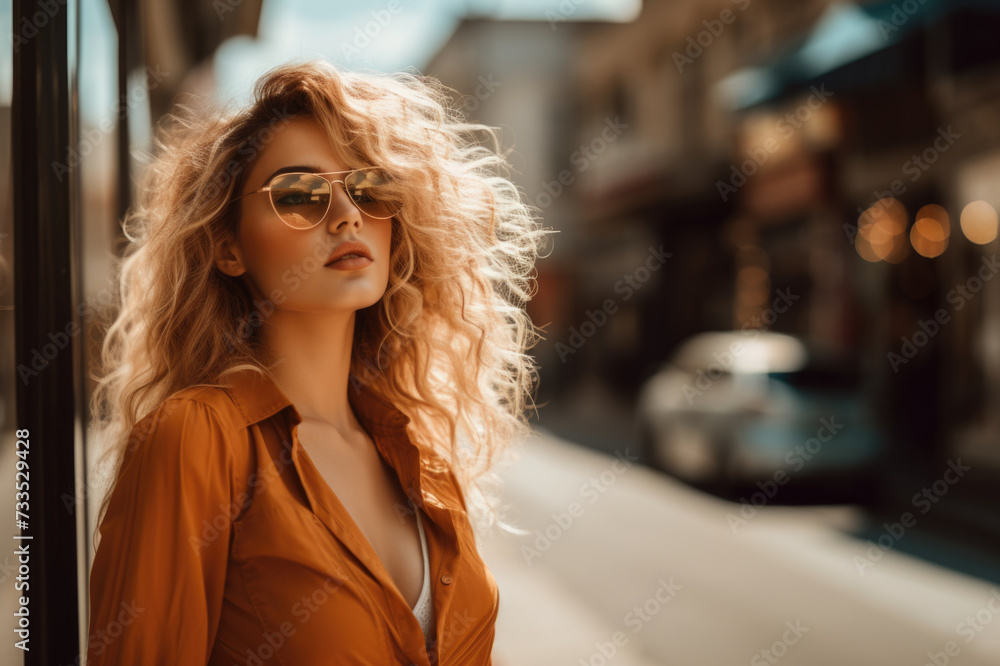Portrait of a beautiful woman with sunglasses. Copy Space. Red hair.