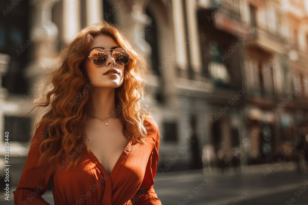 Portrait of a beautiful woman with sunglasses. Copy Space. Red hair.