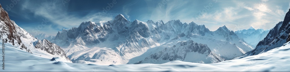 Obraz premium Snow-covered alpine panorama, with towering peaks and a serene winter landscape