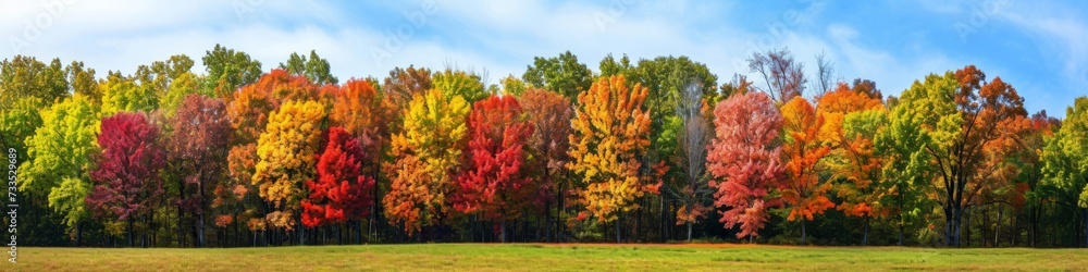 Countryside panorama in autumn,  with trees displaying a vibrant array of fall colors