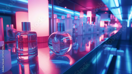 Capture the glow of neon-lit skin care technology in a futuristic cityscape