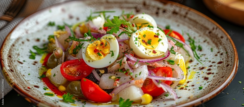 A dish of salad made with eggs, tomatoes, onions, and olives served on a plate. A dish of salad made with eggs, tomatoes, onions, and olives served on a plate.