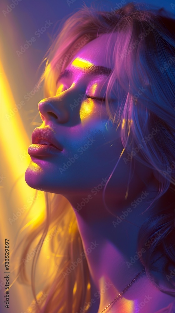 A girl with her eyes closed and her face facing the sky feels blue, yellow and purple rays of light touching her skin. Illustration of girl feeling ray of light from the clouds illuminating her. A girl with her eyes closed and her face facing the sky feels blue, yellow and purple rays of light touching her skin. Illustration of girl feeling ray of light from the clouds illuminating her.