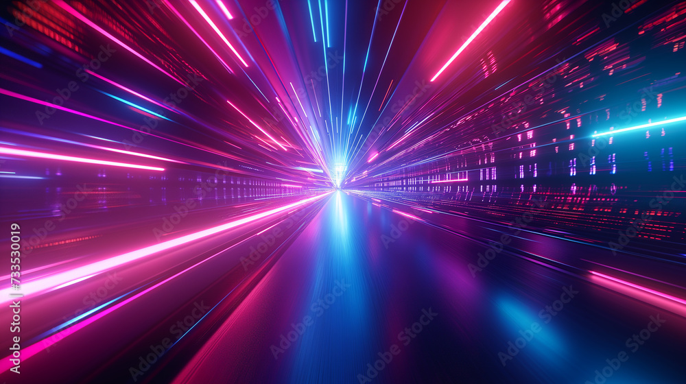 Light motion. Speed motion on the neon glowing road at dark. Speed motion on the road. Colored light streaks acceleration. Abstract illustration. Pink and Blue motion streaks.