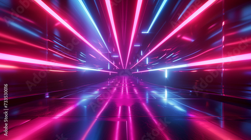 Light motion. Speed motion on the neon glowing road at dark. Speed motion on the road. Colored light streaks acceleration. Abstract illustration. Pink and Blue motion streaks.