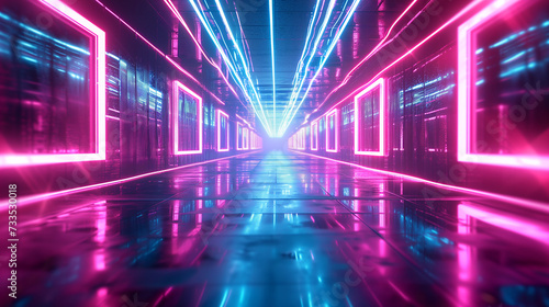Empty background scene. Dark street  reflection of blue and pink neon light on wet pavement. Neon shapes. Rays of light in the dark  smoke. Abstract dark background.