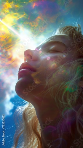 A girl with her eyes closed and her face facing the sky feels blue, yellow and purple rays of light touching her skin. Illustration of girl feeling ray of light from the clouds illuminating her. © Vagner Castro