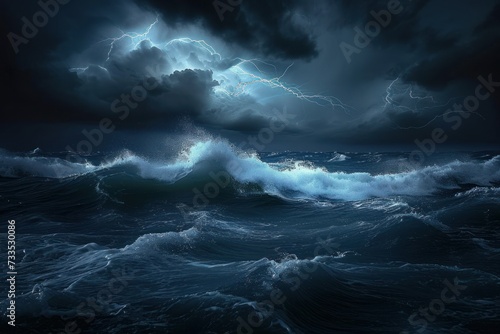 Dark ocean storm at night with lighting and waves. Generative AI 